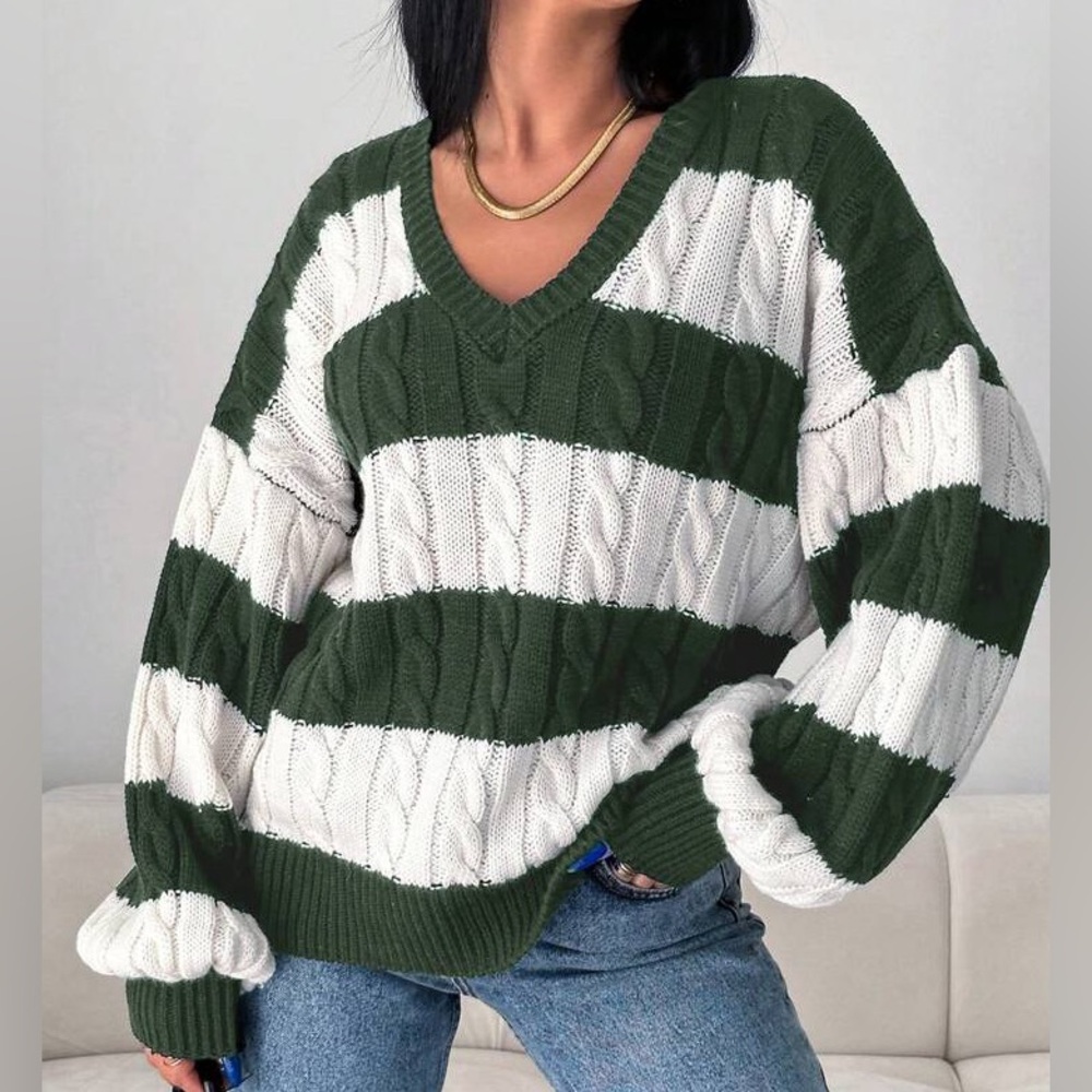 RueChic Women’s Fall/Winter V-neck Striped Long Sleeve Cashmere Loose Sweater